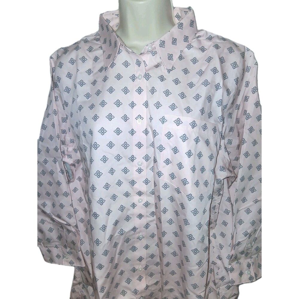 Land's End Women’s Blouse No Iron Supima‎ 3/4 Sleeve Pink With Blue Icon Size 18